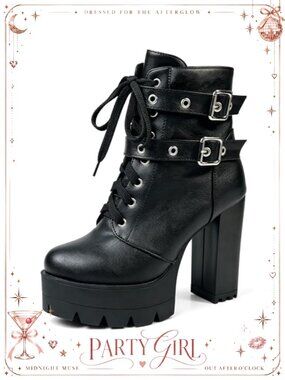 High Heel Platform Combat Boots Chunky Block Heel Lace Up Ankle Booties